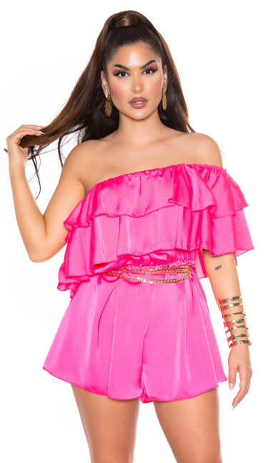 Off-Shoulder Satin- Look Ruffled Overall Pink